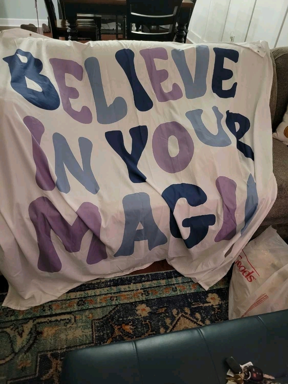Believe In Your Magic Fabric Shower Curtain White with Purple & Blue Letters